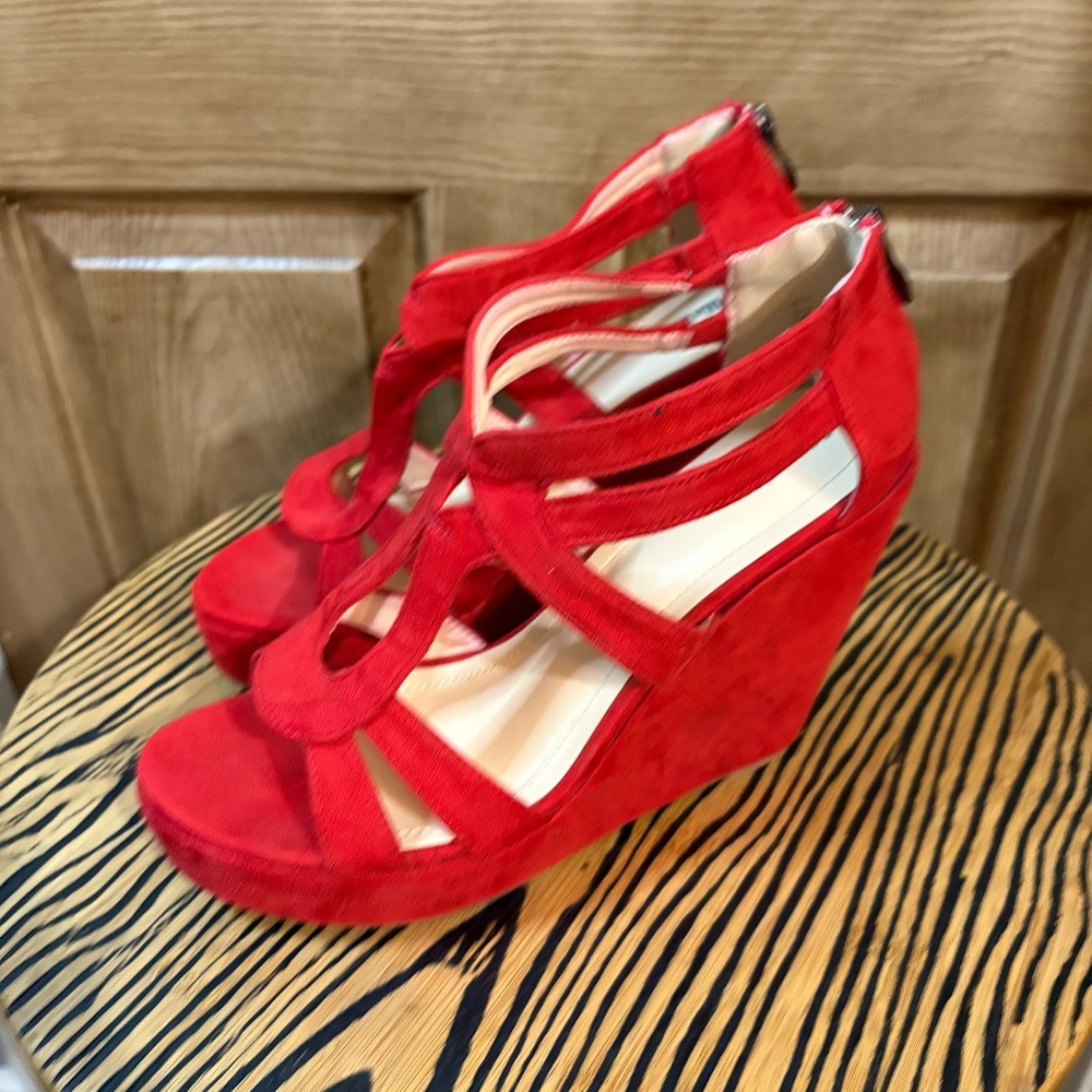 Red Suede Strappy Wedge Sandals - Women
